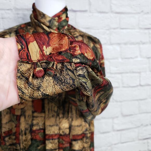 Vintage High Neck Gold Red Green Polyester Blouse Sz 6 - Picture 5 of 14